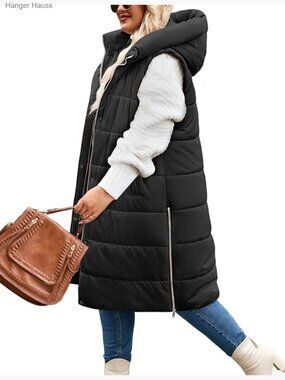 Plus Size Sleeveless Puffer Vest with Hood Long Quilted Winter Coat